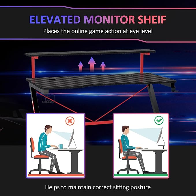 47 Inch Gaming Desk Racing Computer Desk Home Office Workstation with Elevated Monitor Shelf Rotatable Cup Holder Headphone Hook Black