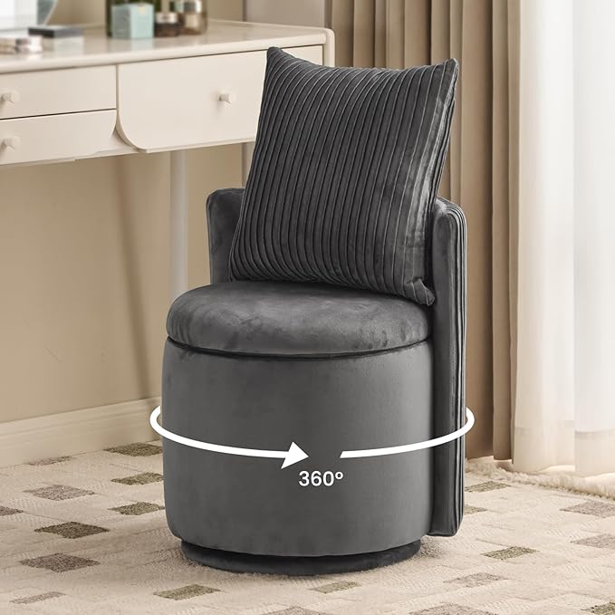 Velvet Vanity Chair with Storage 360° Swivel Round Storage Ottoman with Pillows No Assembly Modern Comfy Makeup Stool for Bedroom Dressing Living Room (Grey)
