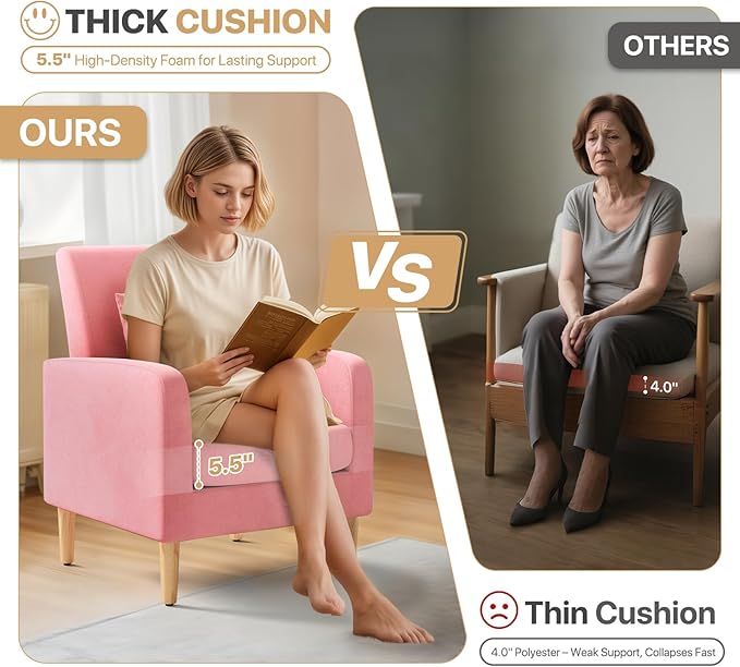 Magshion Mid-Century Accent Chair for Living Room Comfy Reading Chair for Bedroom Upholstered Linen Fabric Armchair Single Sofa with Back Pillow &amp Wood Legs 300 lbs Capacity Pink
