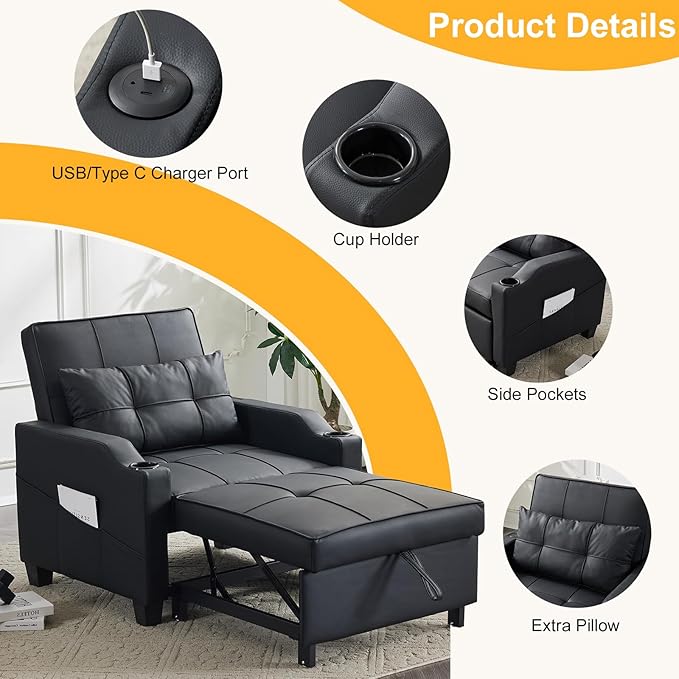 Karl home Sleeper Chair Convertible Sofa Bed with USB/Type C Ports 3-in-1 Pull Out Sofa Bed Adjustable Reading Chair with Cup Holders PU Leather Black