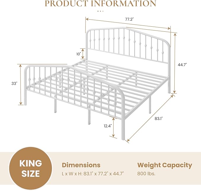SHA CERLIN King Size Metal Platform Bed Frame with Victorian Style Wrought Iron-Art Headboard/Footboard No Box Spring Required White