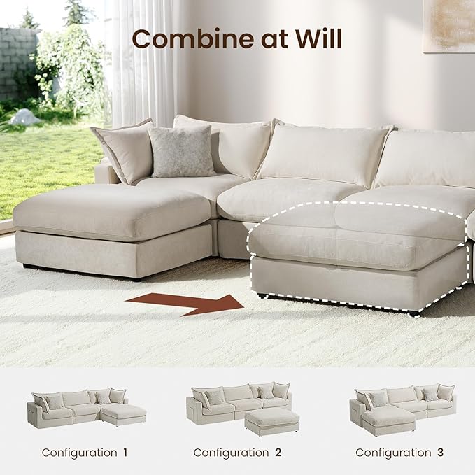 118.5 Modular Sectional Sofa Down Filled Cloud Couch with Storage Ottoman Oversized L Shaped Couch with 2 Pillows 4 Seats Sectional Couches for Living Room Apartment Beige