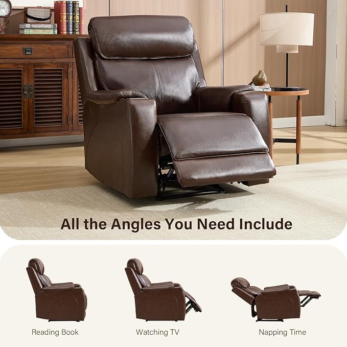 CANMOV Genuine Leather Recliner ChairPower Recliner Chair with Adjustable HeadrestBreathable Leather Reclining Single Sofa with Wireless ChargerUSB&amp Type-C Charging PortDark Brown