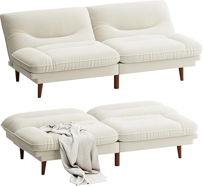 Homall Futon Sofa Bed Modern Loveseat Futon Couch with Adjustable Backrest and Armrests Sleeper Sofa Bed with Wood Frame for Living Room Office Apartment (Corduroy White)