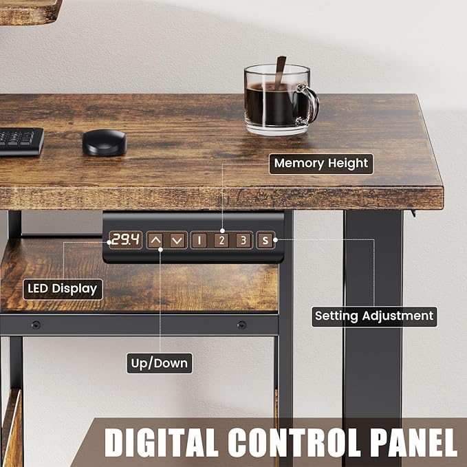 Flycity Electric L Shaped Standing Desk Adjustable Height 67 x 47 Corner Computer Desk with Host Shelf Gaming Desk with LED Lights &amp Power Outlet Dual Motor Home Office Desk with Storage Bro