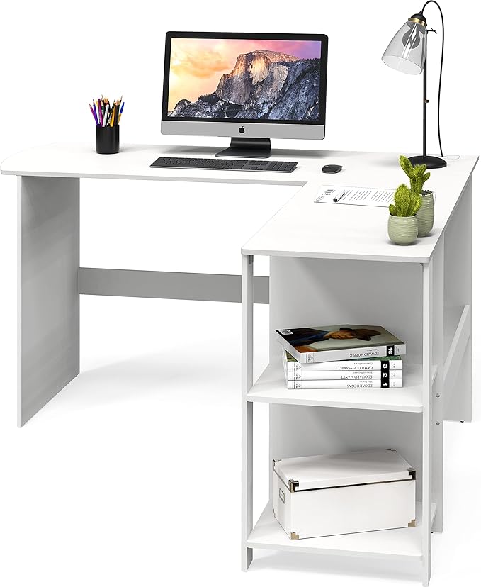 SHW 51 x 51 Inches L-Shaped Home Office Wood Corner Desk wtih Storage White