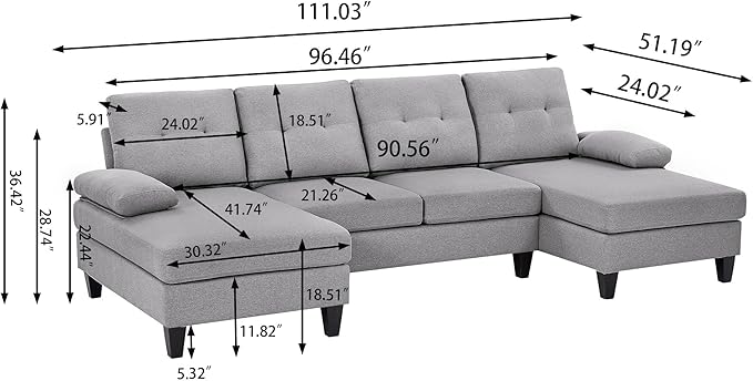 111 Sectional Couch for Living Room 4 Seater U-Shaped Sofa Couches with Double Chaise Polyester Fibre Light Grey