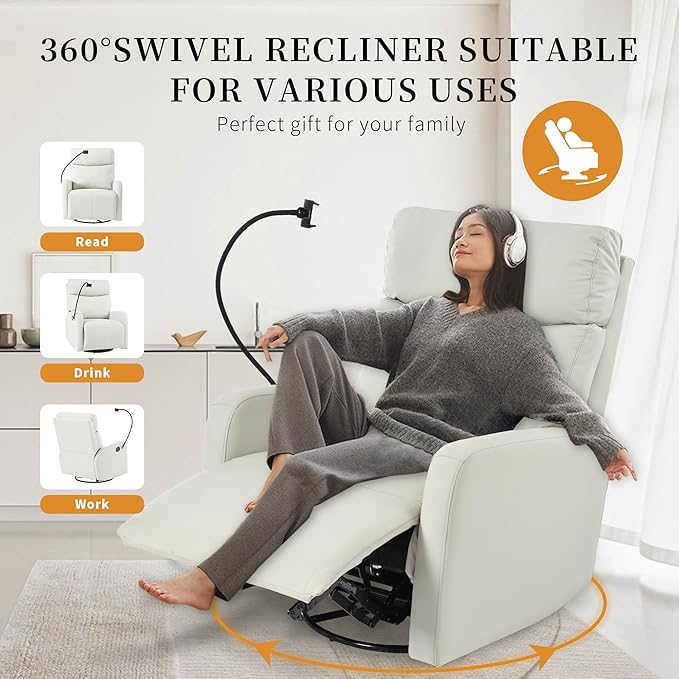Swivel Rocker Recliner Chair for Nursery Upholstered 360° Leather-air Glider Rocking Chair with Phone Holder Manual Small Recliners for Small Spaces Living Room