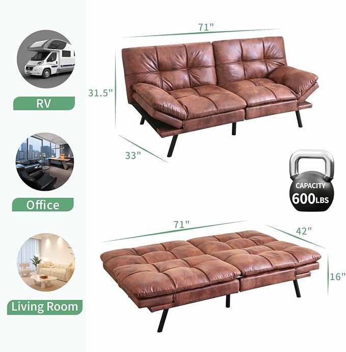 MUUEGM 71 Futon Sofa Bed Convertible Couch Filled with Memory Foam Modern Loveseat with Adjustable Backrest&ampArmrest Sofas for Living RoomGame RoomDormitoryOffice.Brown Leather