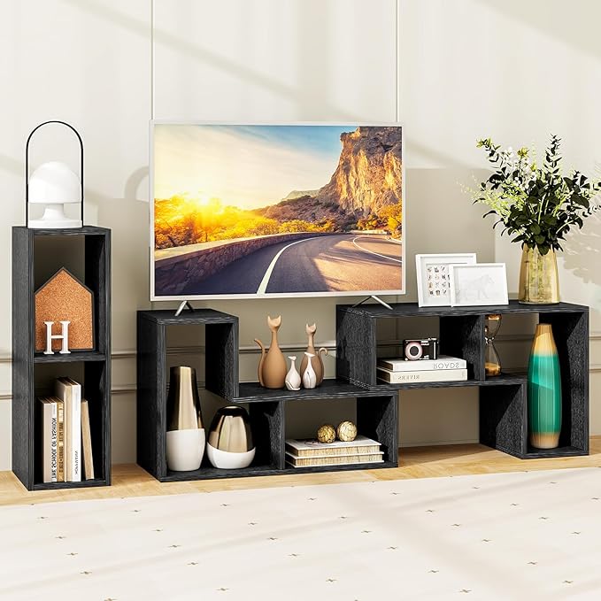 Tangkula 3 Pieces Console TV Stand Free-Combination Entertainment Center for 50 55 60 65 Inch TV Minimalist Modern TV Table Media Stand DIY Open Storage Bookcase for Living Room (Black Wood Grain)