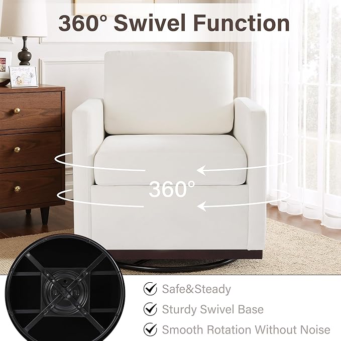 Swivel Accent Chair 360° Swivel Upholstered Club Armchairs for Living Room 31 Wide Square Single Sofa Reading Chair with Deep Seat Metal Swivel Base Chenille Fabric Beige