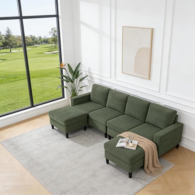 101 L-Shape Modular Sectional Couch Convertible Corduroy Couch with 2 Ottomans Modern 4 Seater Upholstered Modular Sectional Sofa for Apartment Living Room Dark Green