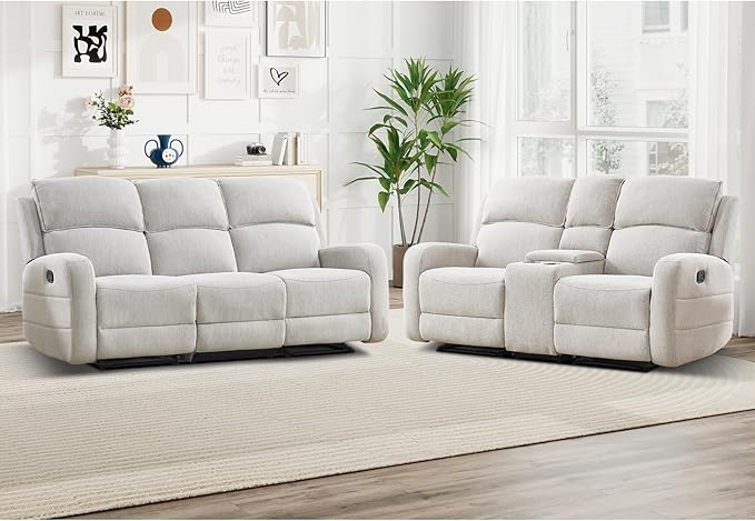 EBELLO Manual Living Room Furniture Reclining Couch Set Soft Fabric Recliner Loveseat and 3 Seat Sofa Couch for Meeting Room Overstuffed Backrest(Loveseat+Sofa)