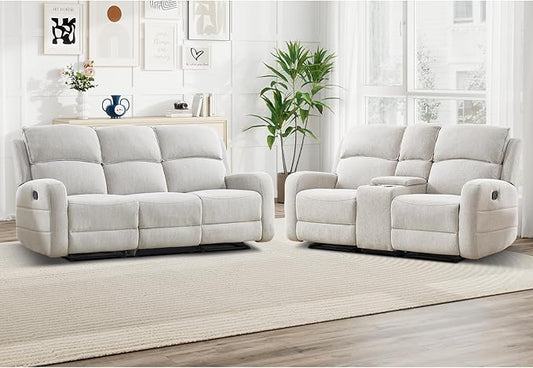 EBELLO Manual Living Room Furniture Reclining Couch Set Soft Fabric Recliner Loveseat and 3 Seat Sofa Couch for Meeting Room Overstuffed Backrest(Loveseat+Sofa)