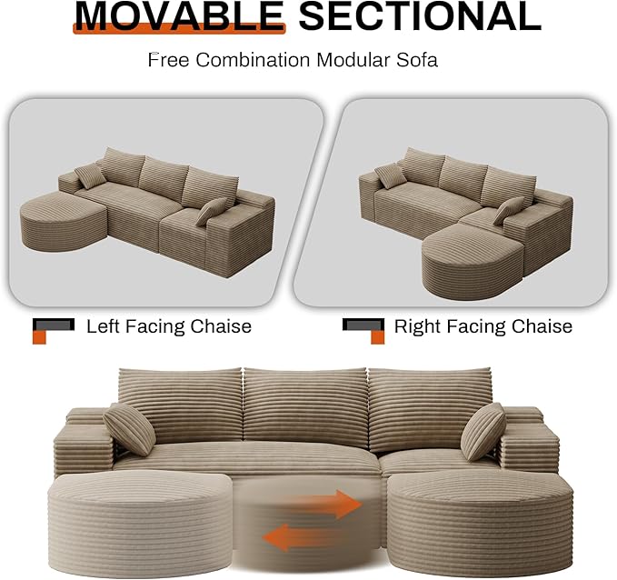 108 Modular Sectional Sofa Cloud Couch for Living Room L Shaped Comfy Fluffy Light Brown Boneless Couches with Movable Curved Ottoman Modern Plush Corduroy Memory Foam Floor Couch with Chaise