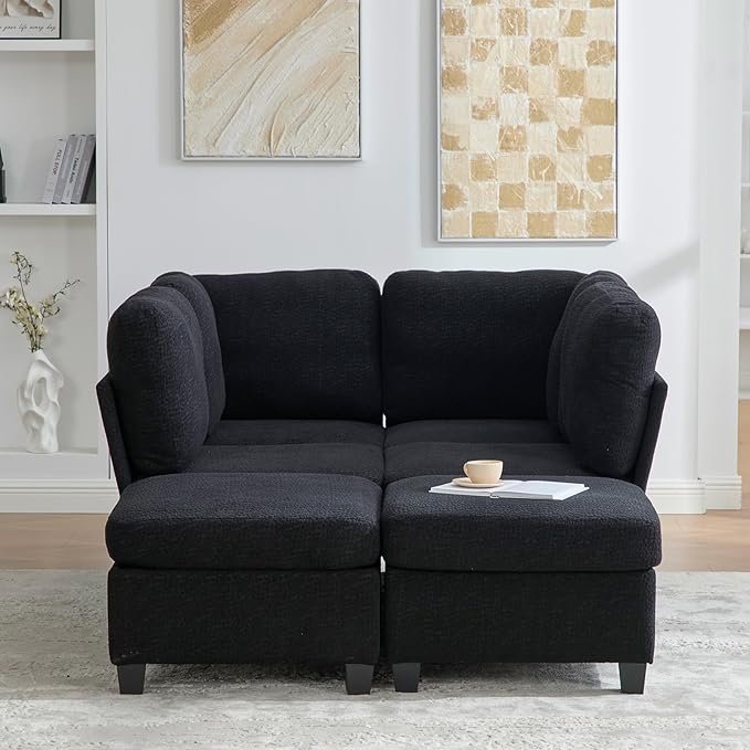 113 Modular Sectional Sofa Couch with Storage U Shaped 4 Seat Couches with Movable Ottoman Freely Combinable Deep Seat Sofa Upholstered Sectional Couches for Living Room Black