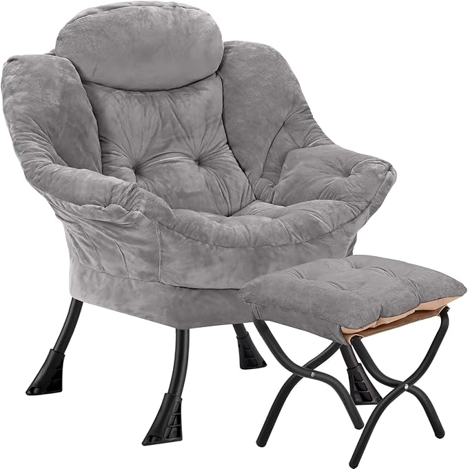 Lazy Chair with Folding OttomanLeisure Sofa ChairSoft Fabric Armchair with Armrests and Side Pockets Reading Chair with Footrest for Living Room Bedroom Office (Plush Light Grey)