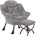 Lazy Chair with Folding OttomanLeisure Sofa ChairSoft Fabric Armchair with Armrests and Side Pockets Reading Chair with Footrest for Living Room Bedroom Office (Plush Light Grey)