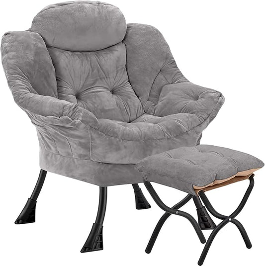Lazy Chair with Folding OttomanLeisure Sofa ChairSoft Fabric Armchair with Armrests and Side Pockets Reading Chair with Footrest for Living Room Bedroom Office (Plush Light Grey)
