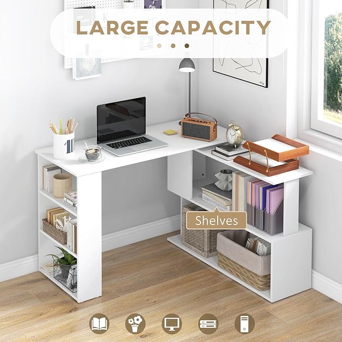 L-Shaped Corner Desk with 360-Degree Swivel Design and Storage Shelves Home Office Desk Writing Table Workstation (White)