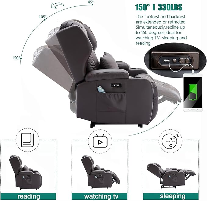 SAMERY Power Recliner Chair Electric Wall Hugger Recliners with Massage &amp Heat Comfy Reclining Sleeper Chair Movie Sofa Home Theater Seat with Cup Holders/USB Port/LED Light/Lumbar Pillow/Remote