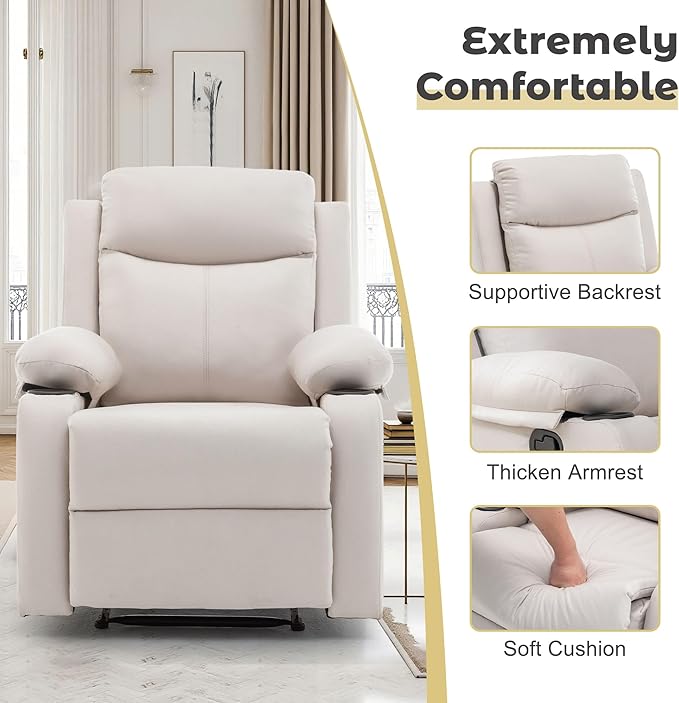 Manual Recliner Chair for Adults Small Recliners for Small Spaces Nursery Recliner with Adjustable Backrest Cup Holders and Side Pockets Reclining Chair for Living Room Beige