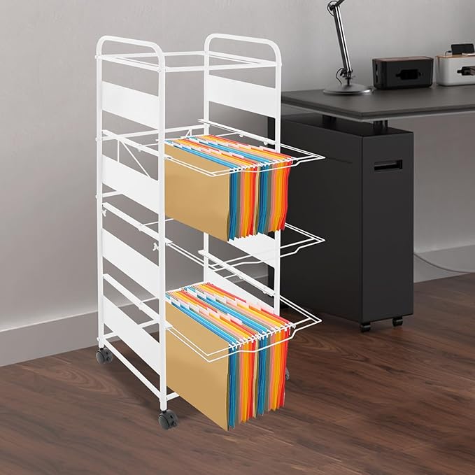 mignonnememe Rolling File Cart 4-Tier Rolling Cart Organizer Hanging Files Stand with Wheels Mobile Filing Cabinet for Office Home School Organization (White)