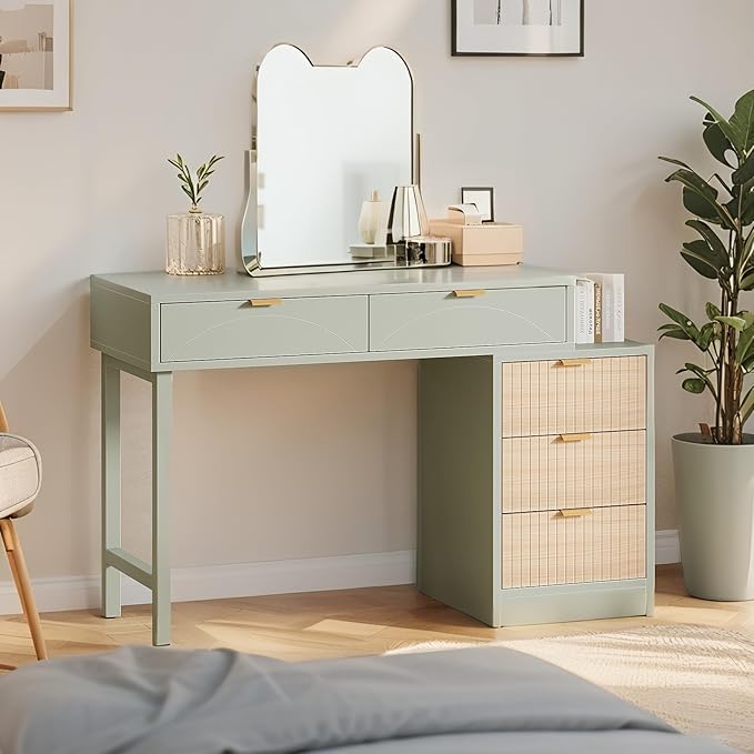 Tribesigns Computer Desk with 5 Drawers Reversible Small Writing Desk with Storage Modern Wooden Study Corner Table Workstation for Home Office Small Spaces Mint Green