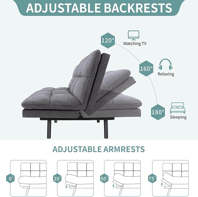 MUUEGM 71 Futon Sofa Bed with Memory FoamFuton Couch with Adjust Backrest and Armrest Couches Bed for Living RoomStudios Apartments Dormitories Offices and Game RoomsDeep Grey