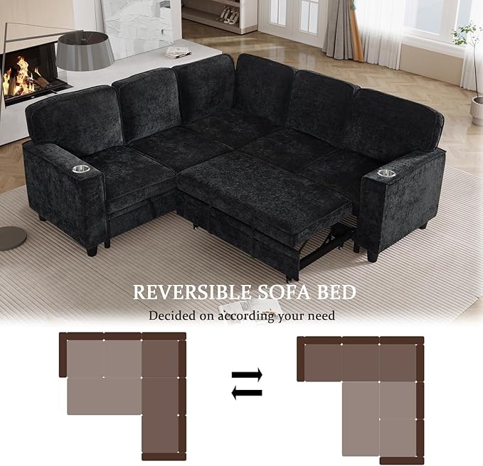 ERYE L-Shaped Symmetrical Sleeper Sectional Sofa W/Pull Out Sleeper Couch Bed and Storage Seat for Living Room Chenille Tufted Corner Convertible Sofa Bed with USB-C Ports