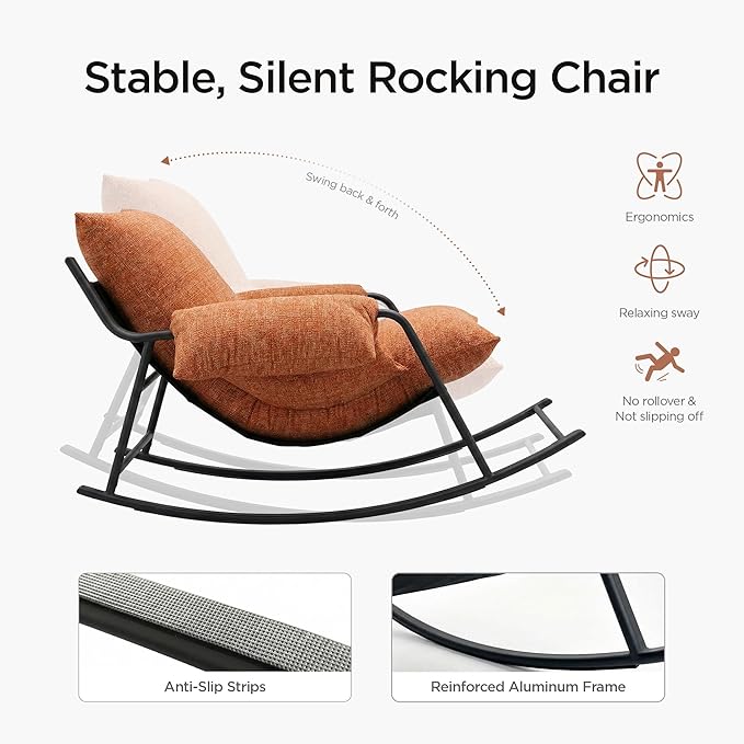 Acanva Oversized Rocking Chair Hybrid Latex Cushion Reading Chair with Aluminum Frame Chenille Lounge Armchair for Indoor Bedroom Living Room Reading Nook Tangerine