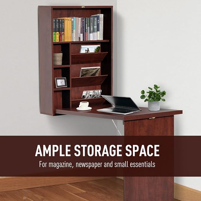 Hassyee Modern Design Wall Mounted Home Office Desks Fold Out Convertible Study Writing Desk with Multiple Storage Compartments and 2 Adjustable Shelves