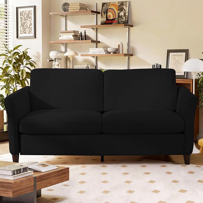 79.1 Corduroy Loveseat Sofa Modern Comfy Couches with Side Pocket 3-Seater Sofa Couch for Living Room Bedroom and Small SpacesBlack