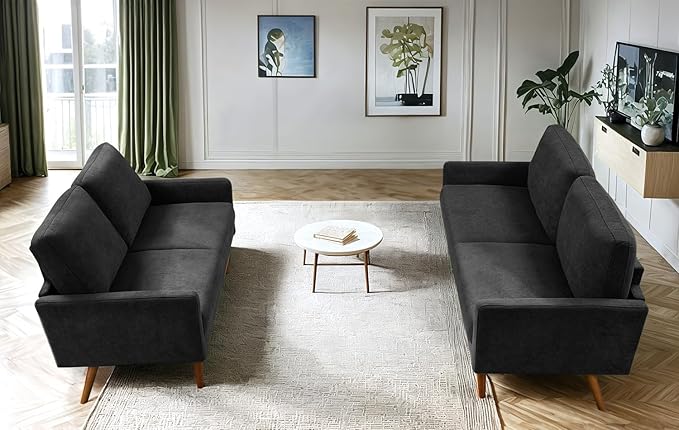 Kent 2 Piece Velvet Sofa and Loveseat Set European Style with Modern &amp Vintage Flair Upholstered 5 Seater Couch Chic Living Room Furniture Seating for Home Apartment or Office Black