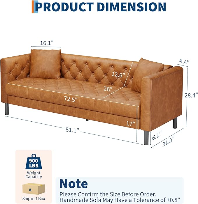 GAOMON 81 Mid-Century Modern Leather Sofa for Living Room Chesterfield Sofa with Deep Seats and 2 Pillows 3 Seater Couch with Button Tufted Leather Couch for Apartment Office Cognac Tan