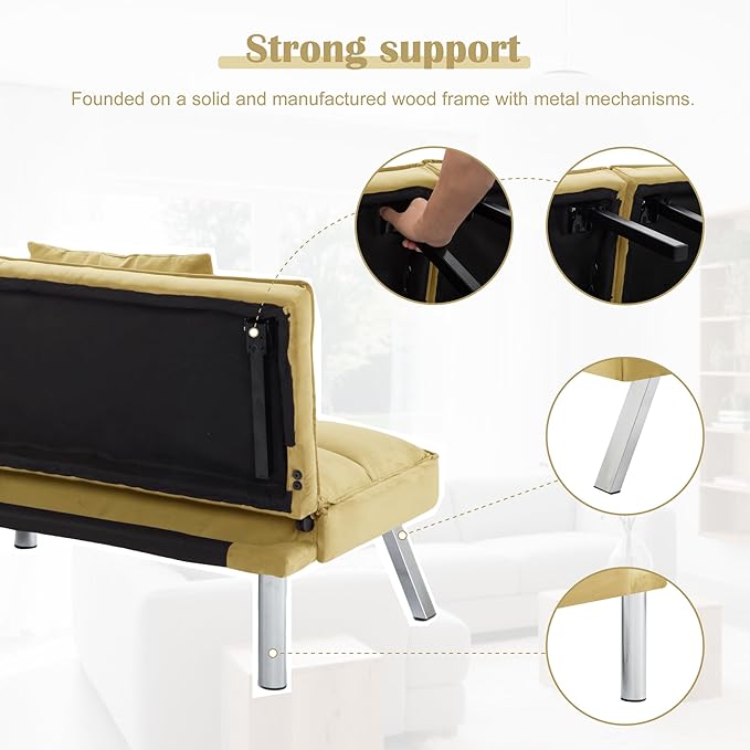 68 Modern Sofa Bed FutonConvertible Sleeper Bed Couch with 4 Reclining BackrestComfy Velvet Cloud Sofa Loveseat for Living Room Bedroom Office (Yellow)