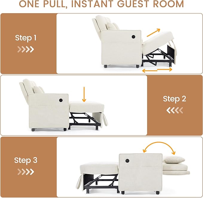 Convertible Sofa Bed 3-in-1 Sleeper Sofa with Pull-Out Bed Chenille Couch Folding Loveseat USB Ports &amp Adjustable Backrest Modern Loveseat for Living Room Apartment Beige
