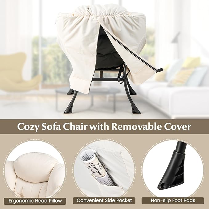 DORTALA Modern Lazy Chair with Ottoman Single Sofa Chair w/Side Pocket and Armrests Soft Upholstered Modern Leisure Chairs Set Suitable for Living Room Bedroom Beige