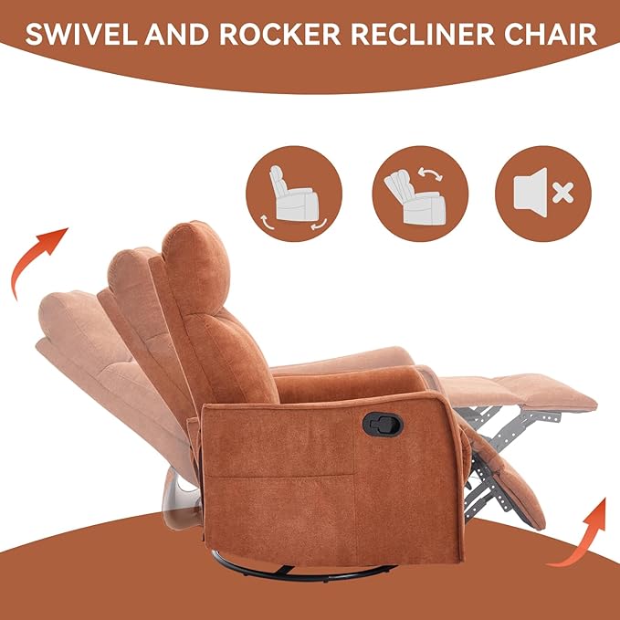 360°Swivel in Fabric Reclining ChairsHeat Massage Manual Recliner ChairSmall Recliners SpacesSingle Lazyboy Recliner Sofa for Living RoomRVBedroomOrange