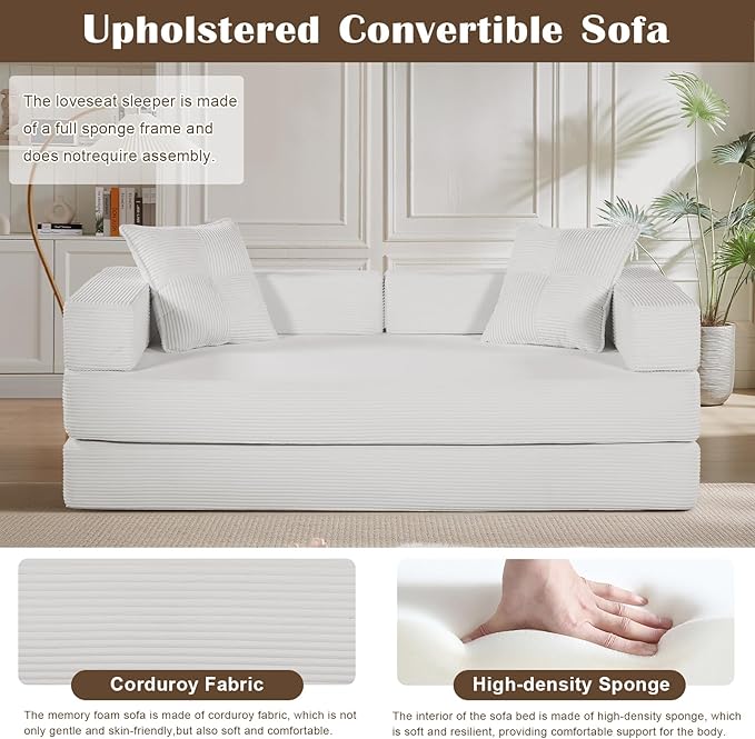 4-in-1 Convertible Folding Sofa Bed 79 Oversized Corduroy Upholstered Boneless Couch Loveseat Sleeper Sofa Bed Floor Sofabed Modular Futon Couch for Living Room Bedroom Lounge (Cream)