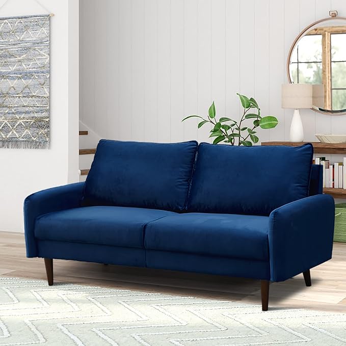 INSTORY Velvet Sofa Mid-Century Modern Couch with Wooden Legs for Living Room - Space Blue