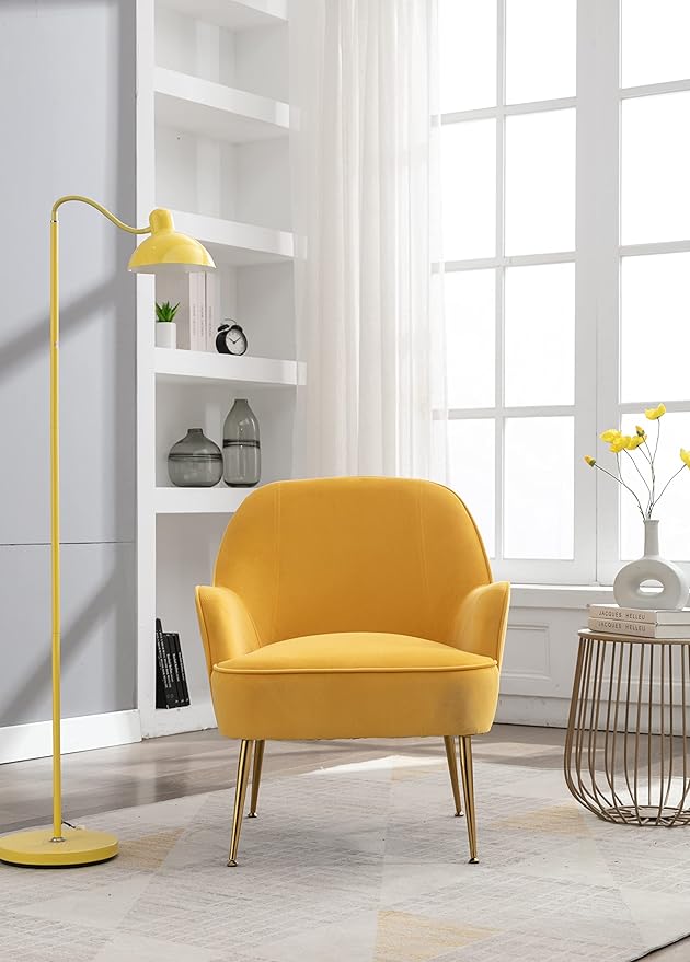 Modern Ergonomics Soft Velvet Fabric Material Accent Chair with Gold Legs and Adjustable Feet Screws for Indoor Home Living RoomYellow