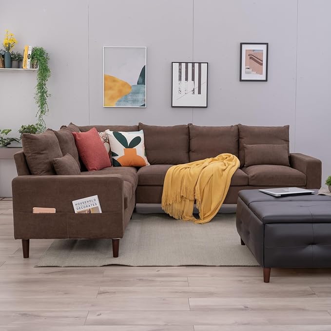 Panana 6 Seats Linen Fabric Large SECTIONAL Corner Sofa Settee - Sofa for Living Room-Left/Right-Hand Side Sofas Brown