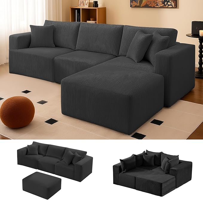 104 Cloud Couch Sectional L Shaped Boneless Couches for Living Room Corduroy Modern Modular Sectional Sofa No Assembly Required (Black L-Shaped)