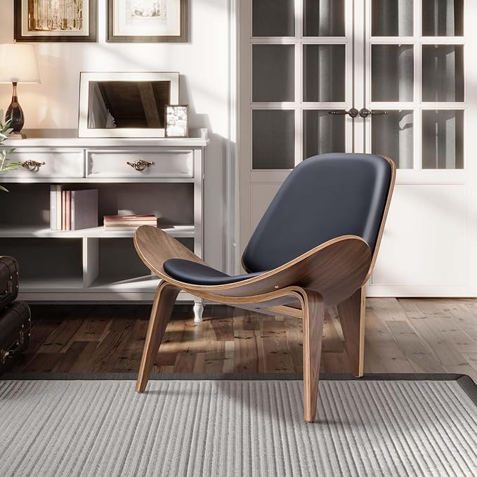 Mid Century Modern Shell Lounge Chair PU Leather Tripod Plywood Classic Design Solid Wood Accent Chairs for Living Room Reading Lounge Office Salon(Walnut)