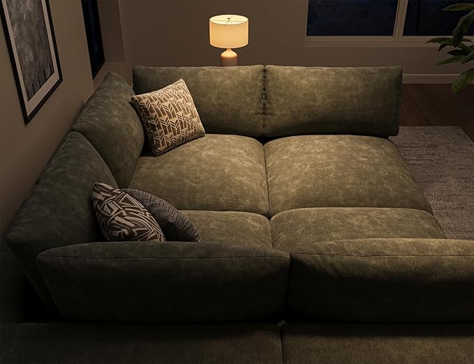 120 Cloud Sectional Couch | Oversize Boneless Couches for Living Room | 4 Seater Modern L-Shape Sofa | Green