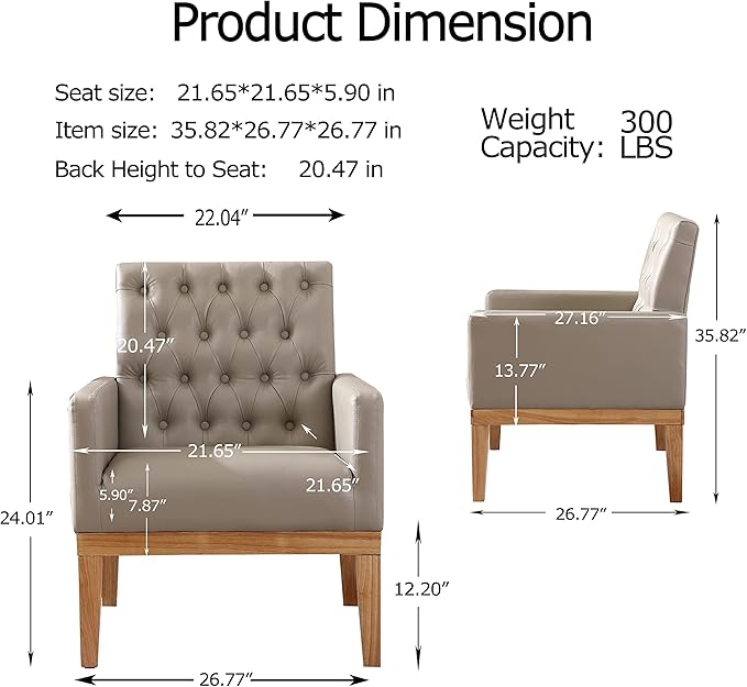 Generic PU Leather Accent Chair Upholstered Lounge Single Sofa Armchair Comfortable Armchair with Wooden Legs in Log Color Modern Button Reading Chair for Bedroom Living Room Off White