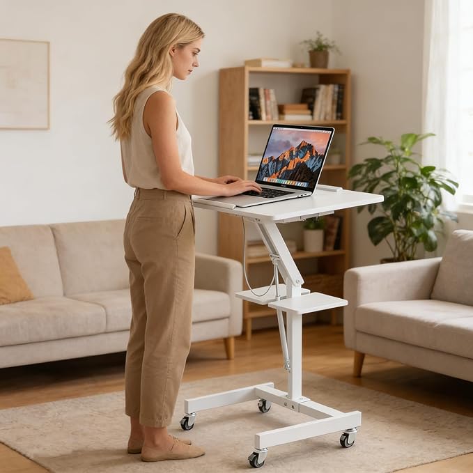 Mobile Standing Desk with Wheels Height Adjustable Laptop Table 27.56 Inch Portable Ergonomic Workstation with Locking Casters &amp Tilting Top White