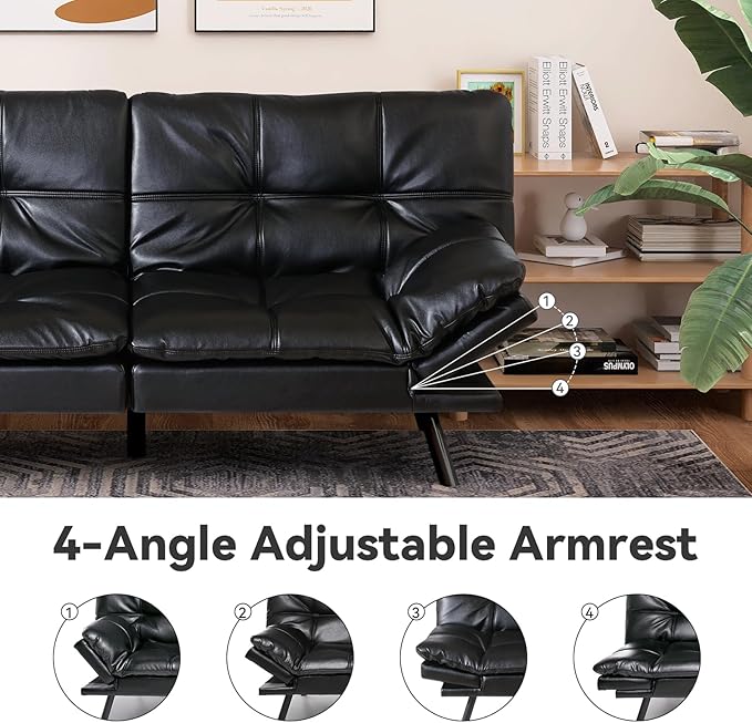 Black Faux Leather Futon Sofa Bed Memory Foam Futon Couch with Convertible Backrests &amp Armrests Small Splitback Loveseat Sofa for Living Room Home Office Apartment