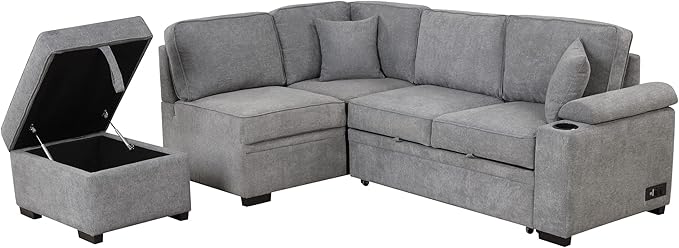 Linen L-shape Reversible Sleeper Sectional Sofa Couch with Storage Ottoman 2 in 1 Pull Out Convertible Sofa Bed with Cup Holders and USB Charging Port for Living Room Apartment Office (Grey-LI)